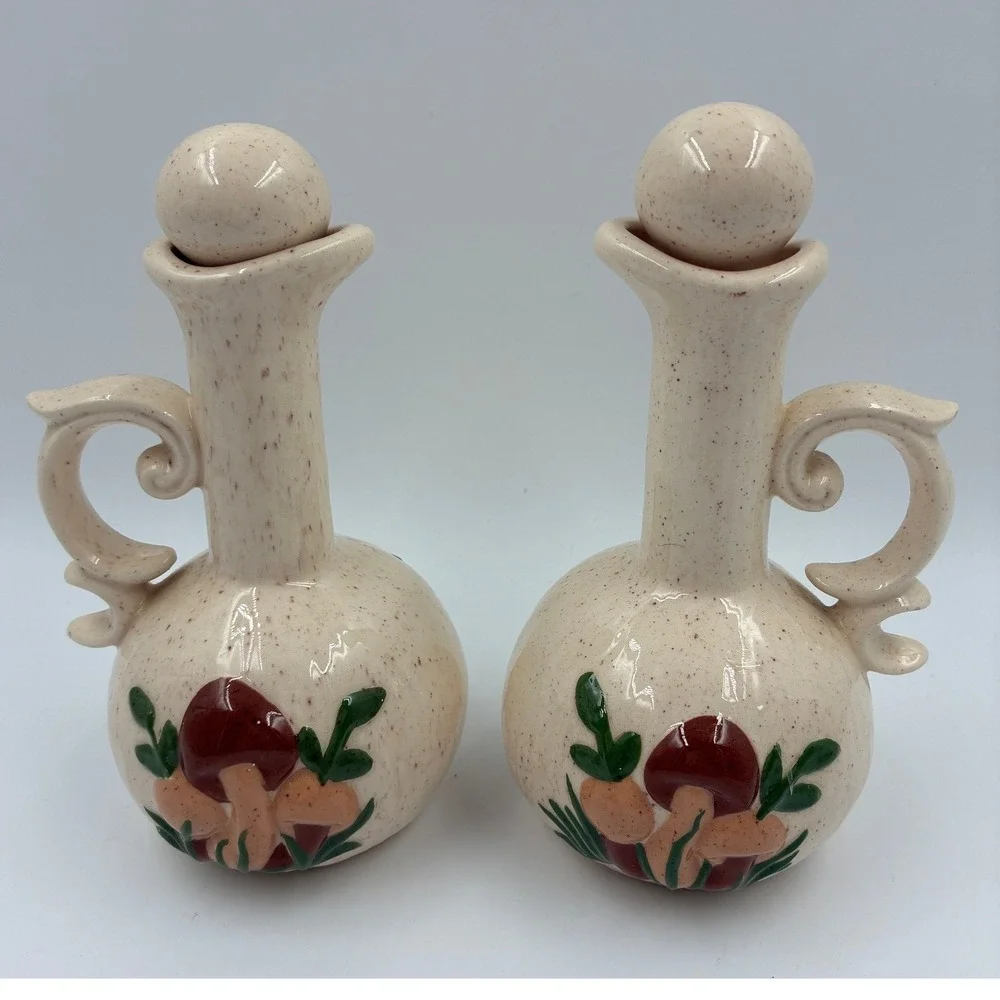 Vintage B Alexander 1981 Ceramic Mushroom Oil Vinegar Cruet Set with Tray 5pc